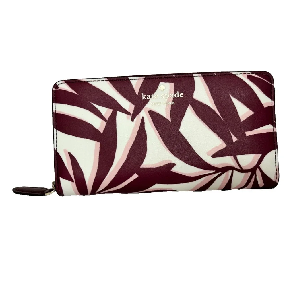 Kate Spade Jana Foliage Large Continental Wallet Zip Around Burgundy Pink NWOT